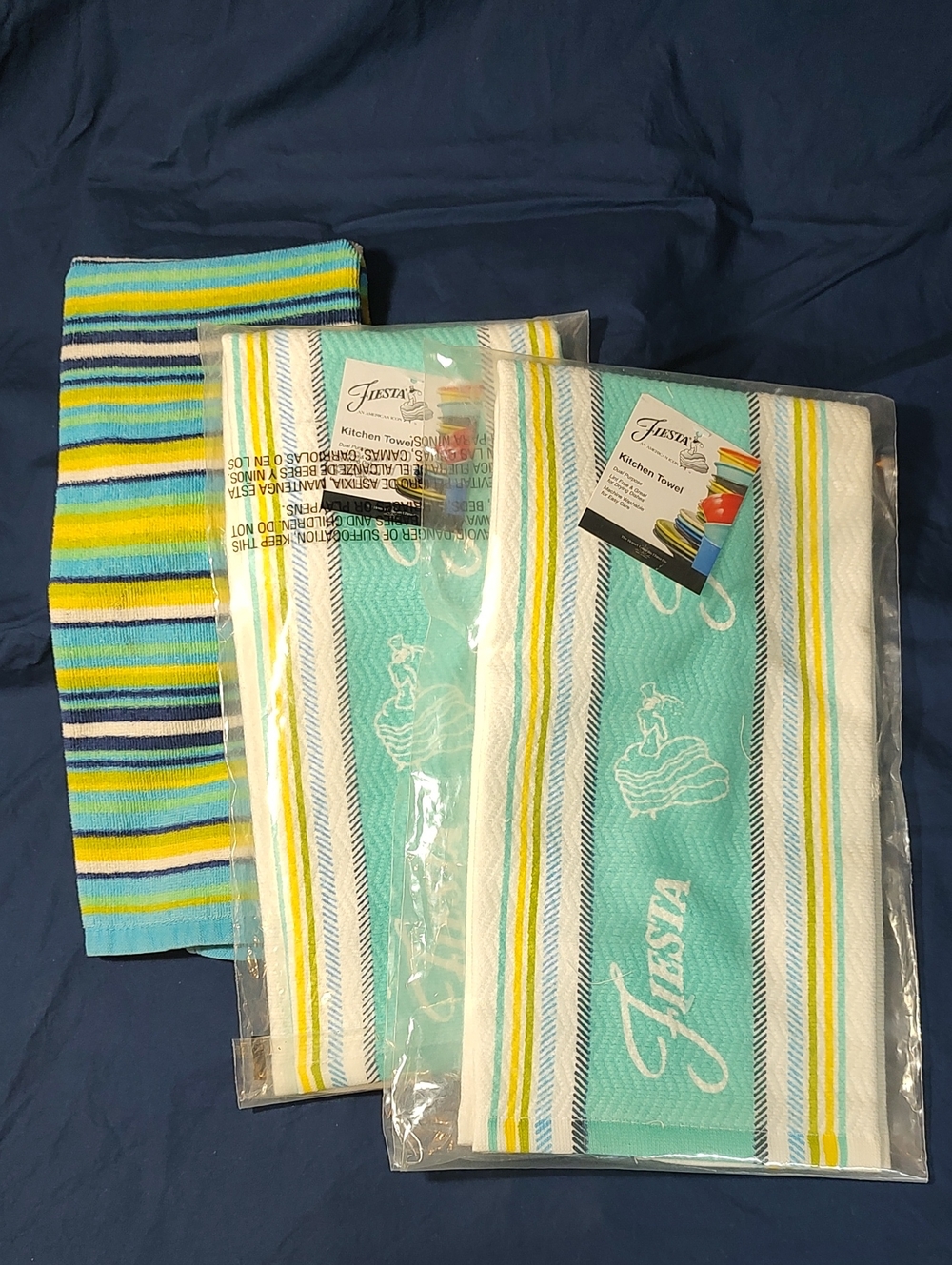 Fiesta Brand 3-Piece Kitchen Towel Set: Turquoise, Lapis & Lemongrass Multi